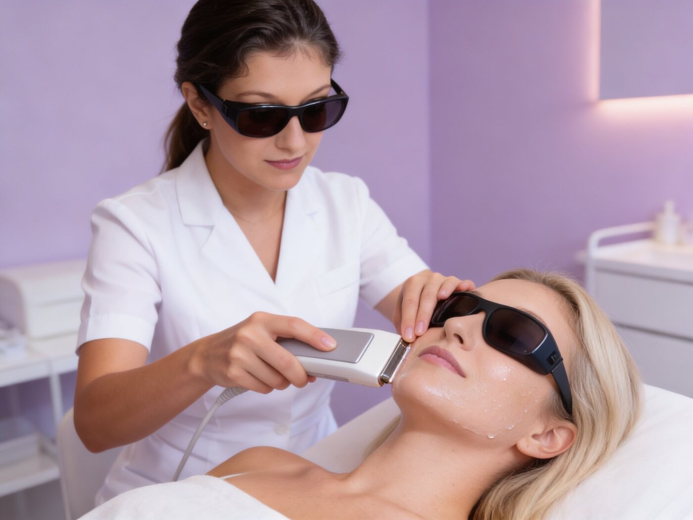 Séance d'IPL photoréjuvénation du visage à Nice — flash de lumière pulsée et lunettes de protection chez Samantha Esthétique