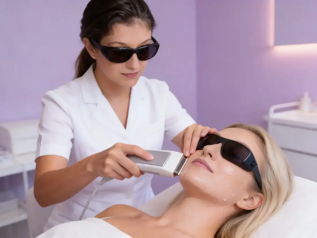 Séance d'IPL photoréjuvénation du visage à Nice — flash de lumière pulsée et lunettes de protection chez Samantha Esthétique