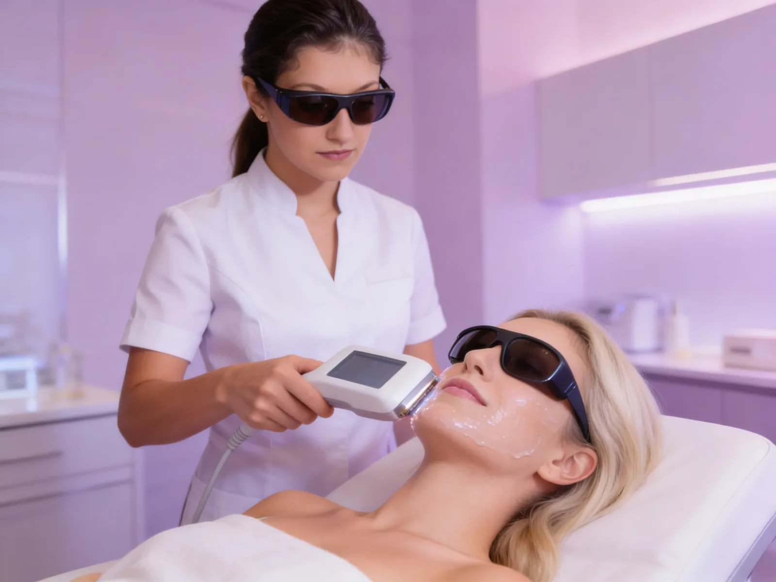 Samantha réalise une séance d'IPL sur le visage d'une cliente, à Nice