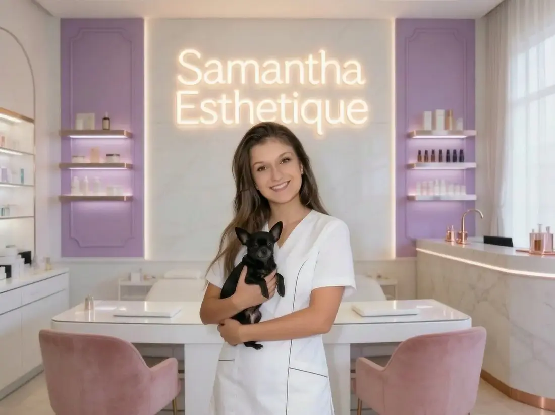 Samantha esthéticienne à Nice avec Luna sa chihuahua noire — cabinet Samantha Esthétique